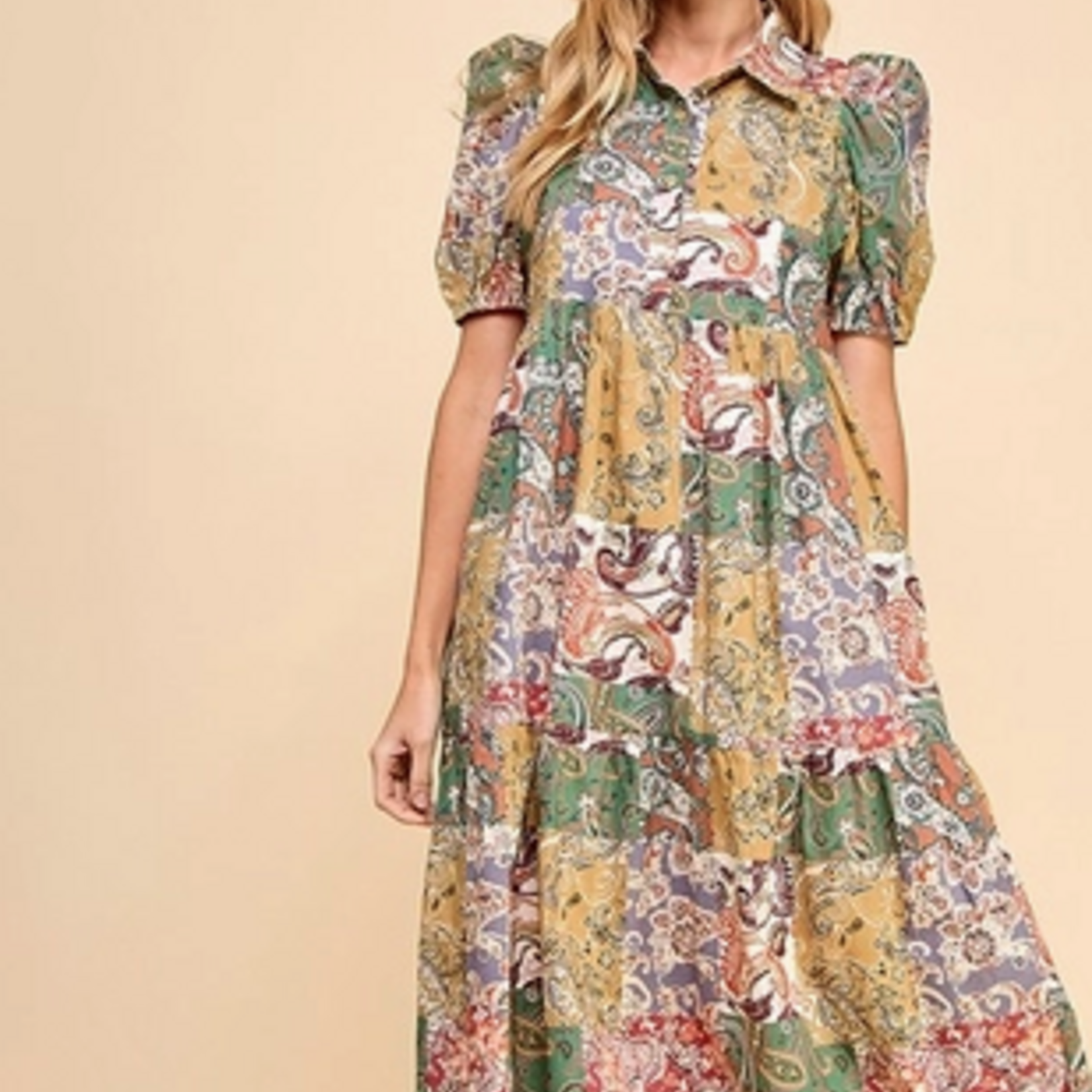 TCEC Patchwork Print Collared Midi Dress