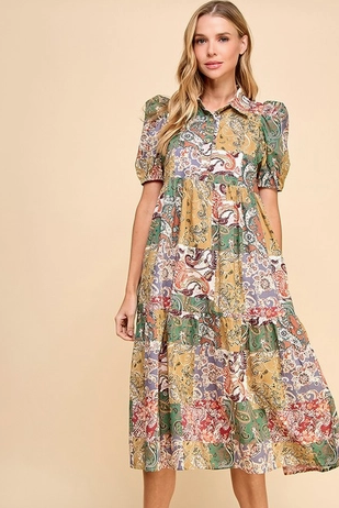 Patchwork Print Collared Midi Dress