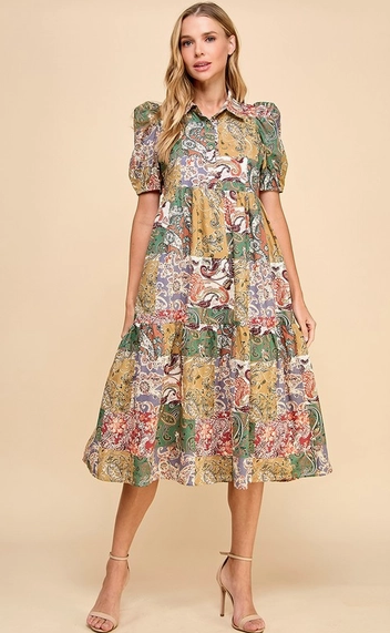 Patchwork Print Collared Midi Dress