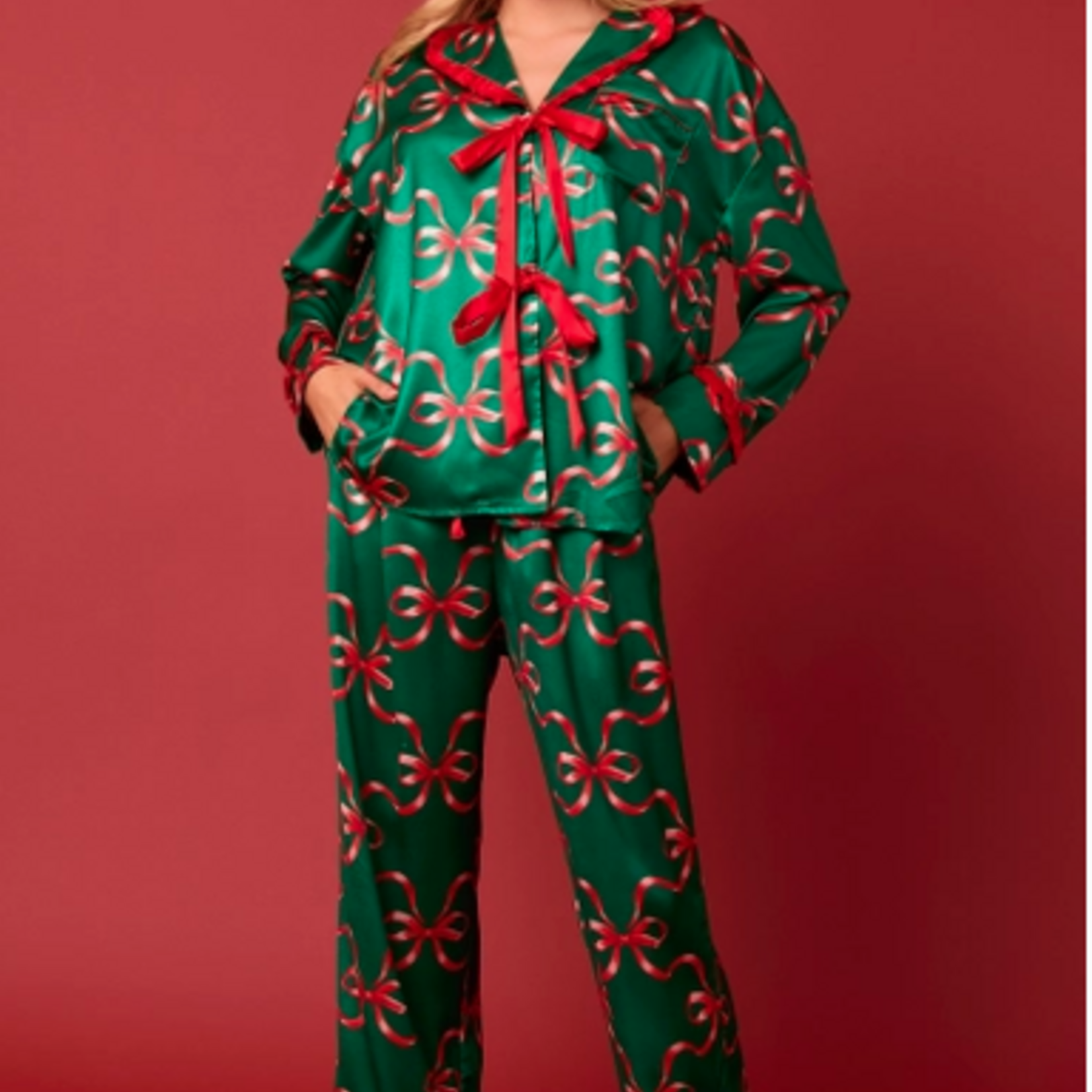 Bow Prints Tie Front Ruffle Detailed Pajama Set