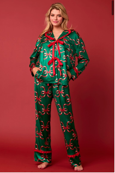 Bow Prints Tie Front Ruffle Detailed Pajama Set
