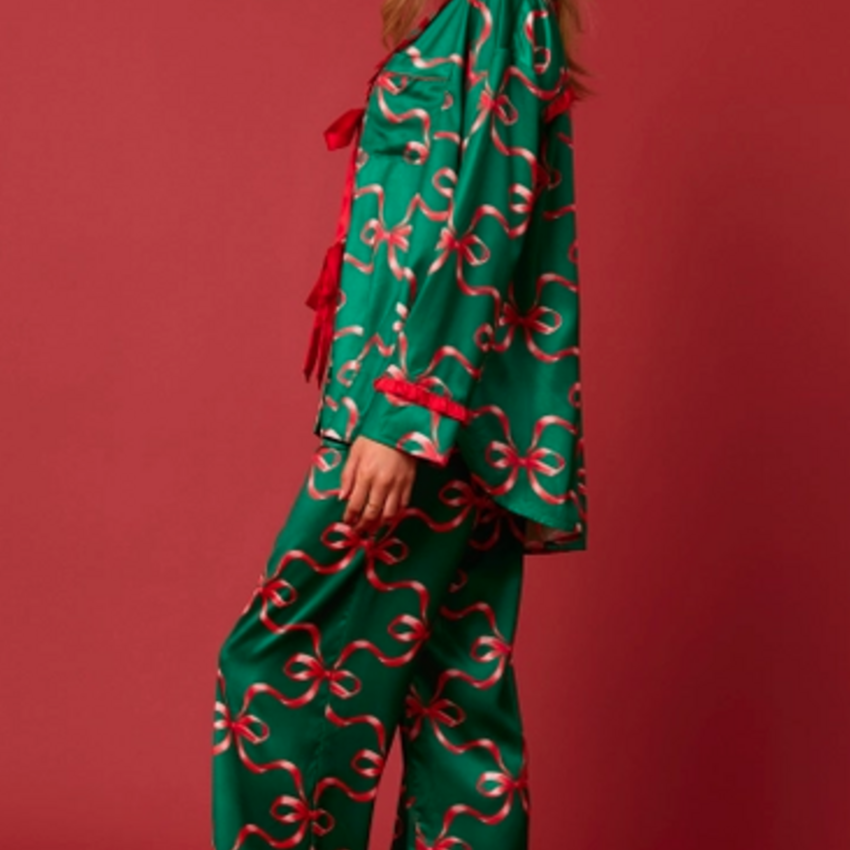 Bow Prints Tie Front Ruffle Detailed Pajama Set