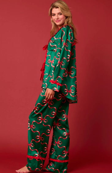 Bow Prints Tie Front Ruffle Detailed Pajama Set