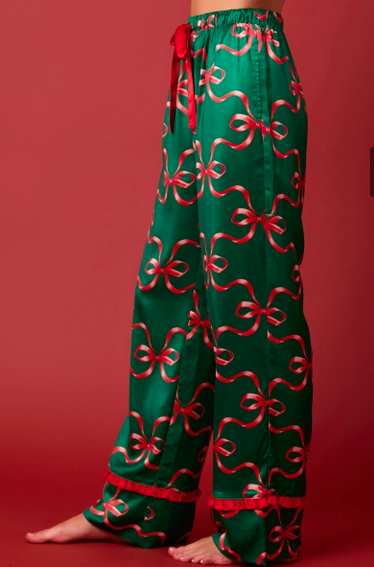 Bow Prints Tie Front Ruffle Detailed Pajama Set