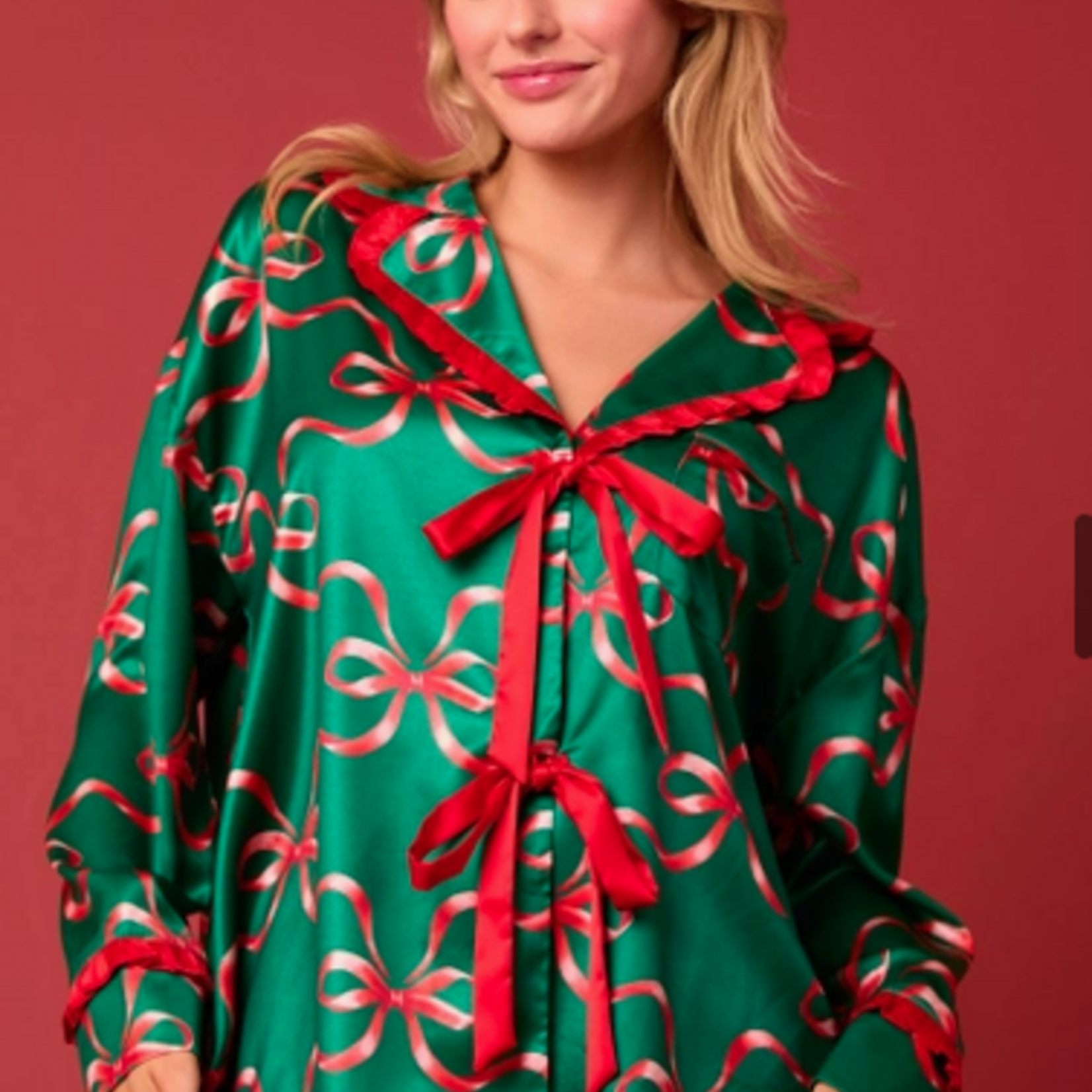 Bow Prints Tie Front Ruffle Detailed Pajama Set