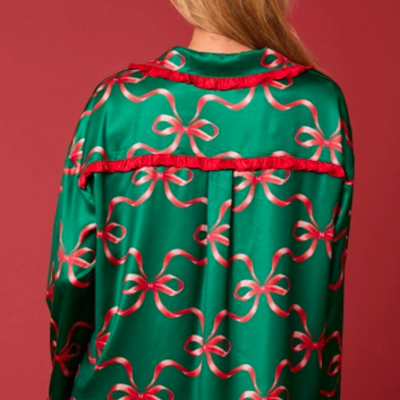 Bow Prints Tie Front Ruffle Detailed Pajama Set