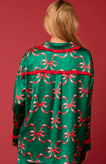 Bow Prints Tie Front Ruffle Detailed Pajama Set