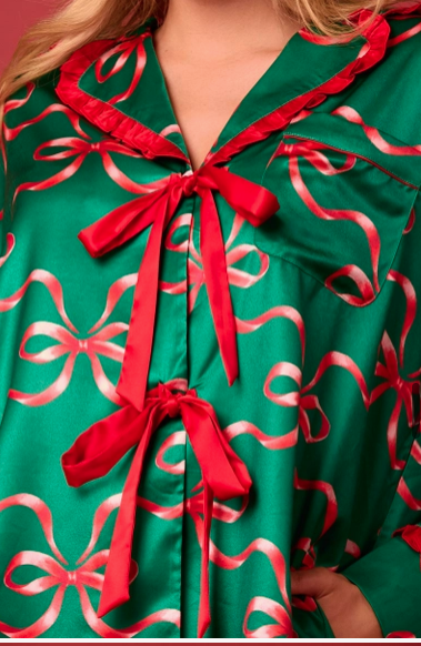 Bow Prints Tie Front Ruffle Detailed Pajama Set