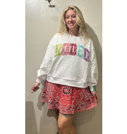 Queen of Sparkles White Multi Bandana Sequin 'Rodeo' Sweatshirt
