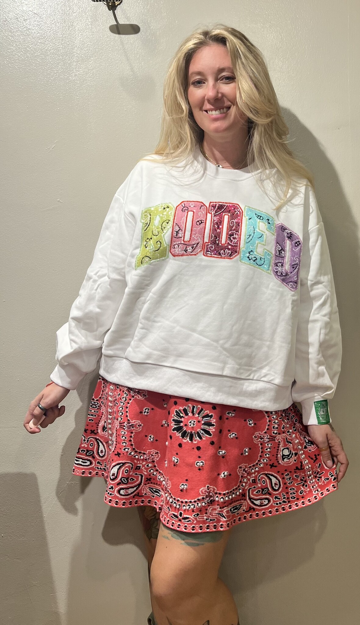 Queen of Sparkles White Multi Bandana Sequin 'Rodeo' Sweatshirt