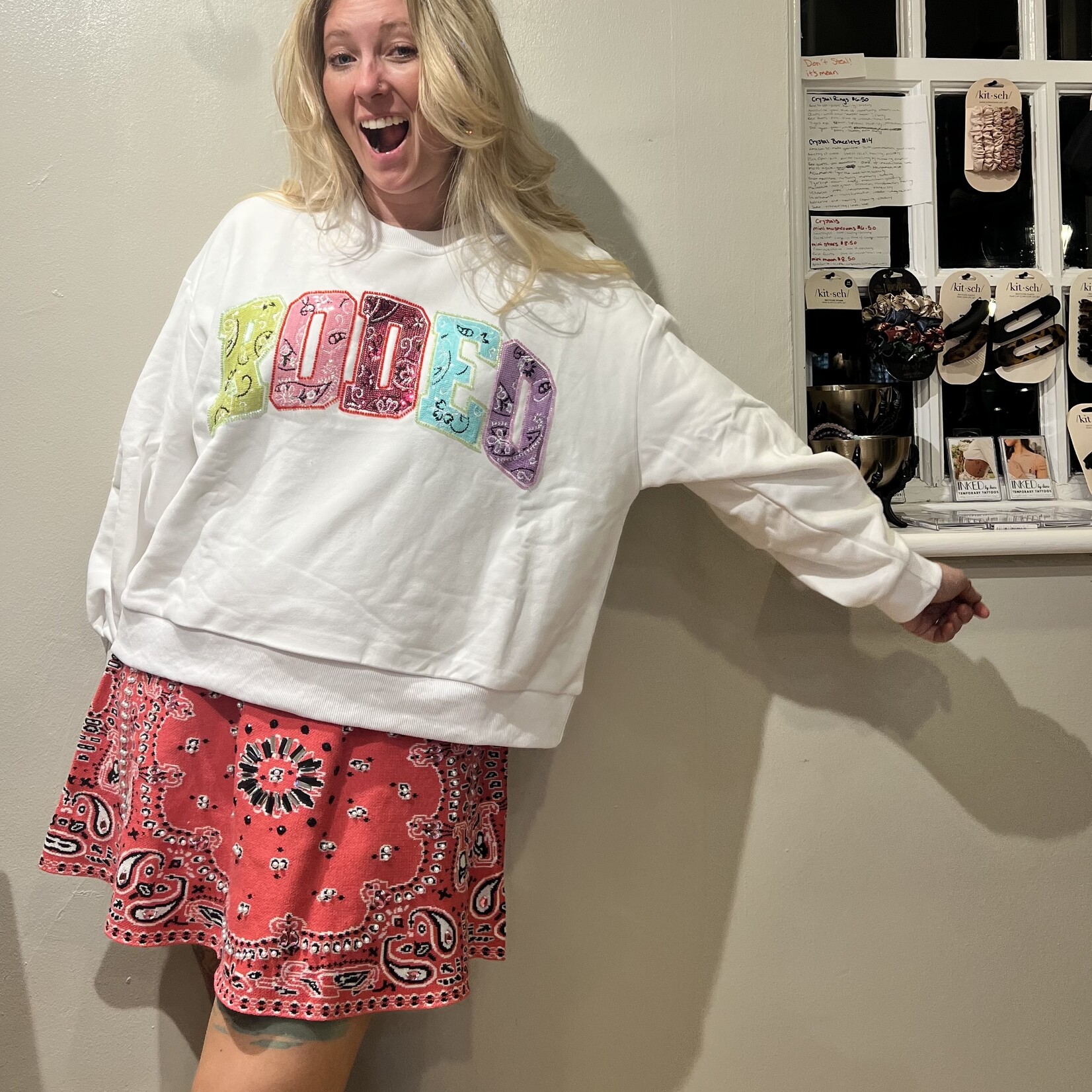 Queen of Sparkles White Multi Bandana Sequin 'Rodeo' Sweatshirt