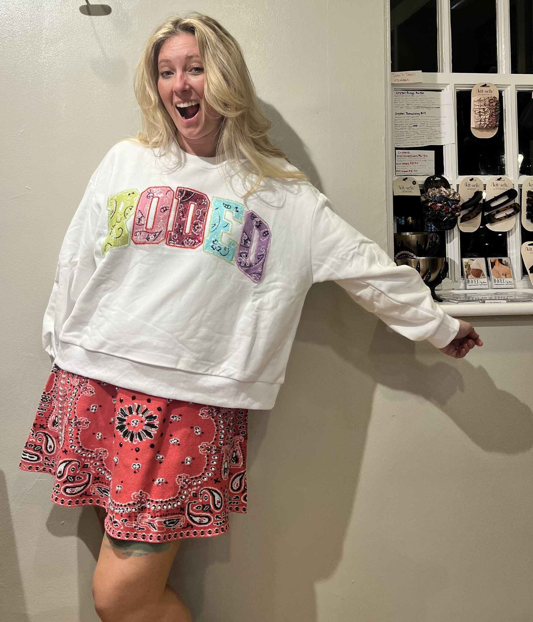 Queen of Sparkles White Multi Bandana Sequin 'Rodeo' Sweatshirt