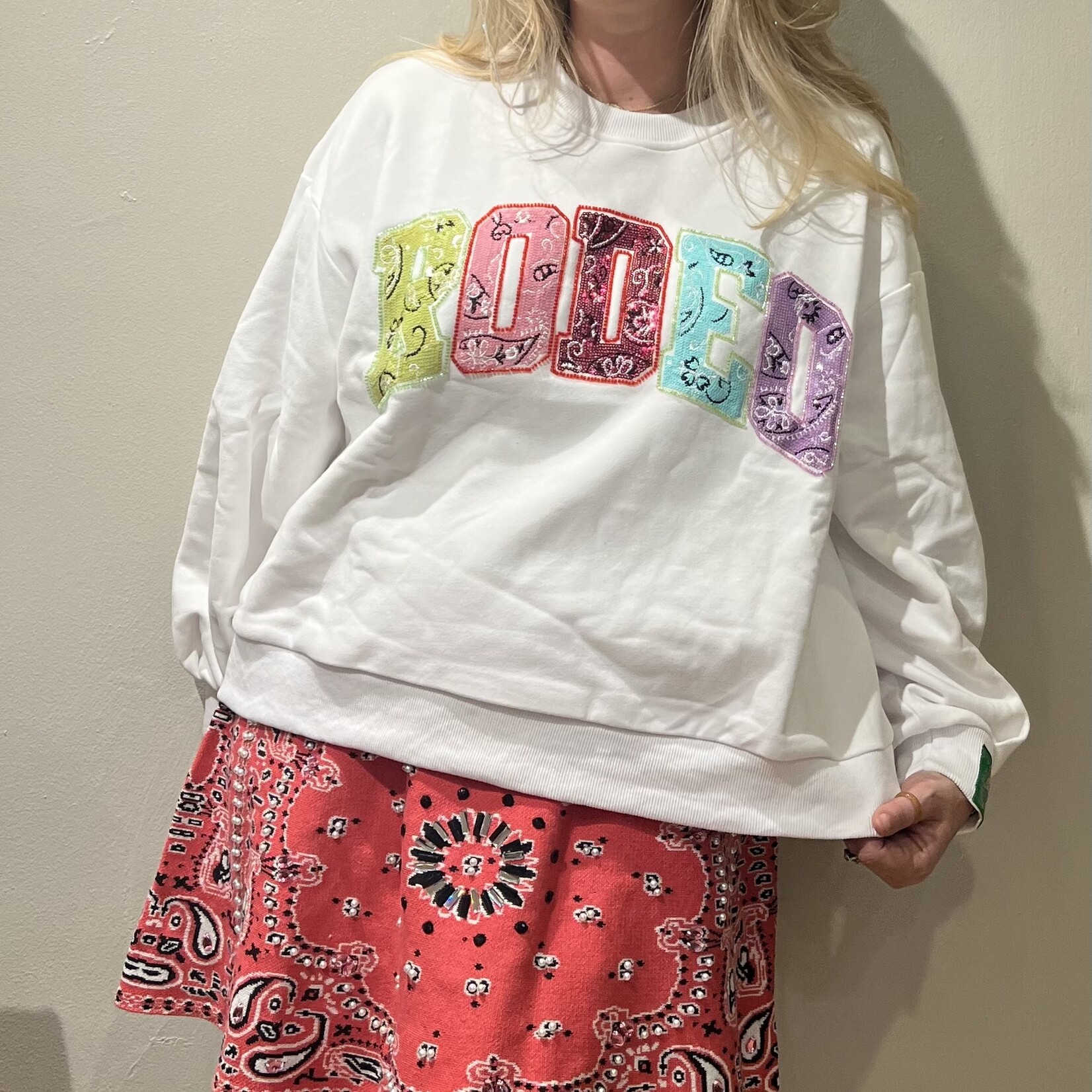 Queen of Sparkles White Multi Bandana Sequin 'Rodeo' Sweatshirt