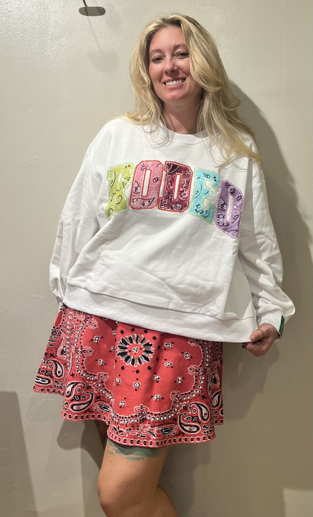 Queen of Sparkles White Multi Bandana Sequin 'Rodeo' Sweatshirt