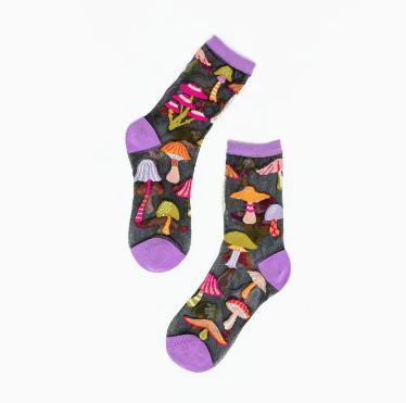 Magic Mushrooms Black Sheer Crew Sock