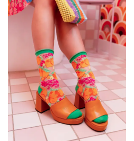 Orange Floral Sheer Crew Sock