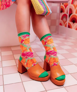 Orange Floral Sheer Crew Sock