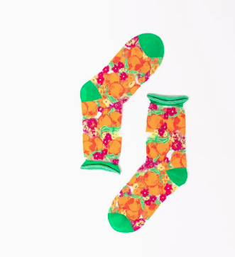 Orange Floral Sheer Crew Sock