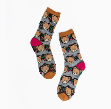 Teddy Bear Ruffle Black Sheer Crew Sock