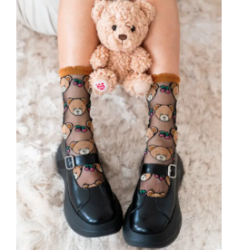Teddy Bear Ruffle Black Sheer Crew Sock