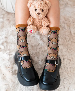 Teddy Bear Ruffle Black Sheer Crew Sock