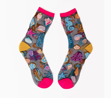 Under the Sea Black Sheer Crew Sock