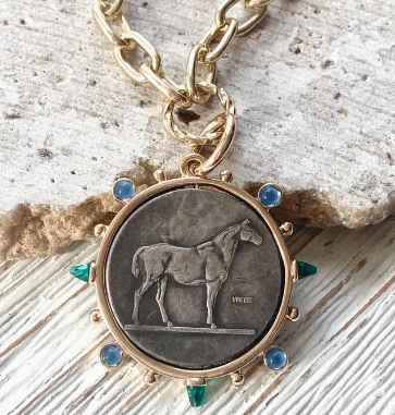 Horse Coin Pendant Necklace with Gems