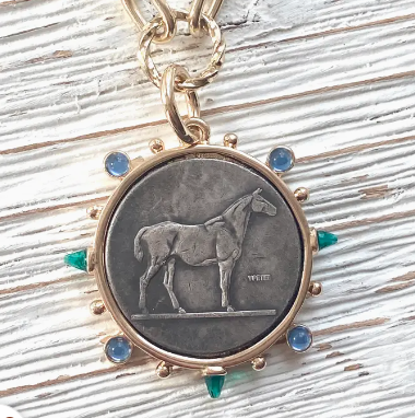 Horse Coin Pendant Necklace with Gems
