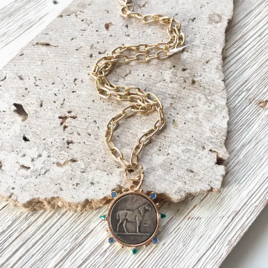 Horse Coin Pendant Necklace with Gems