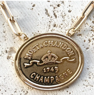 Gold Champagne Label Statement Necklace