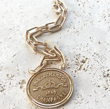 Gold Champagne Label Statement Necklace