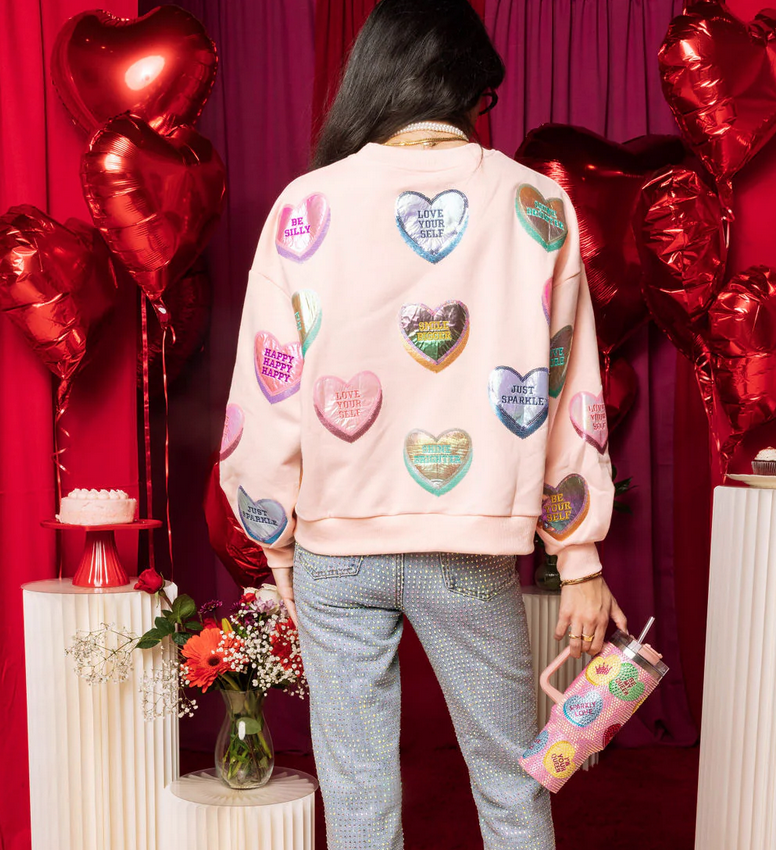 Queen of Sparkles Light Pink Positive Candy Hearts Sweatshirt