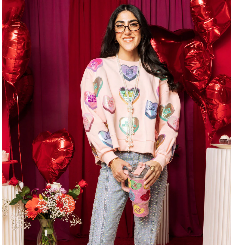 Queen of Sparkles Light Pink Positive Candy Hearts Sweatshirt
