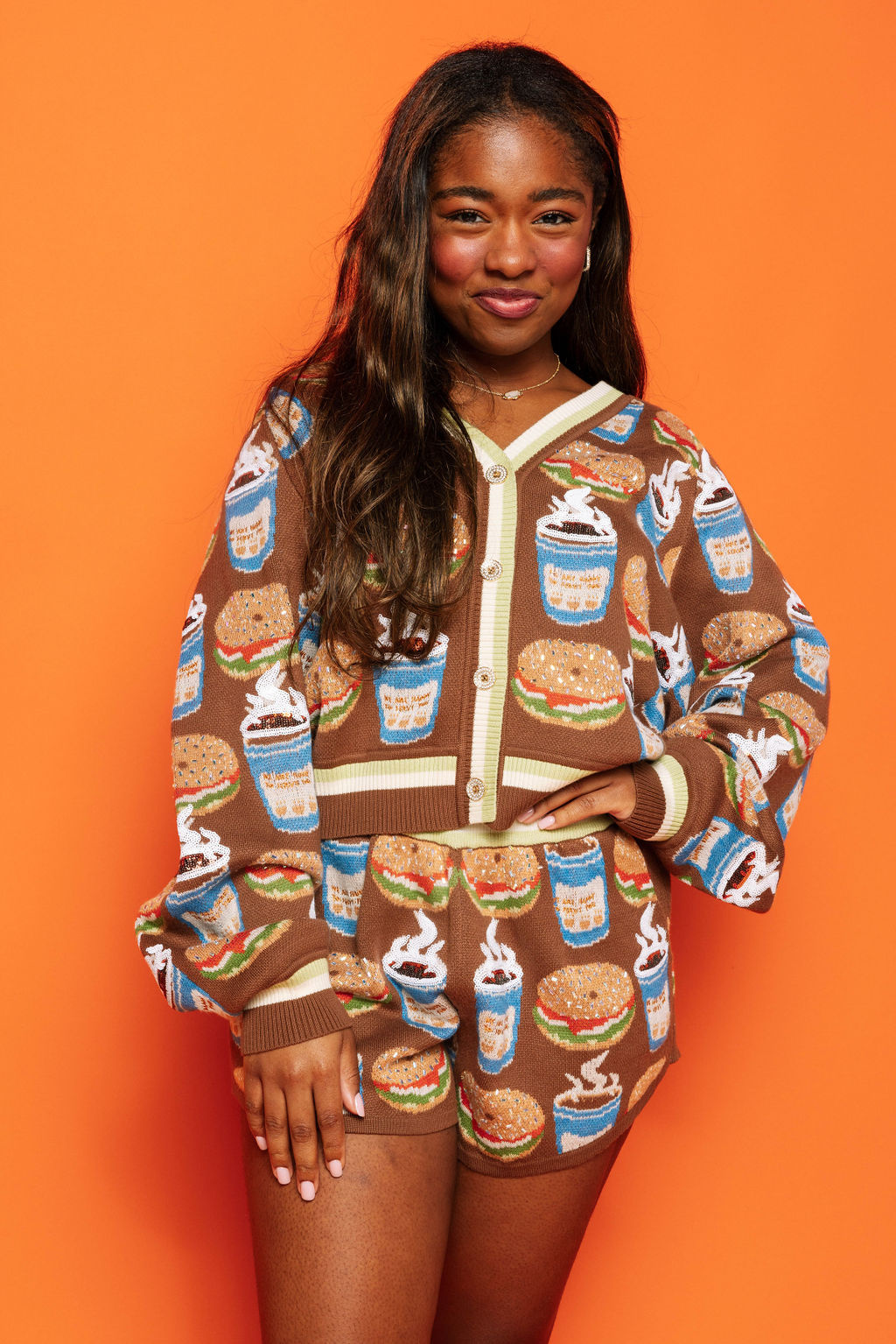Queen of Sparkles Brown Coffee & Bagel Sweater Short