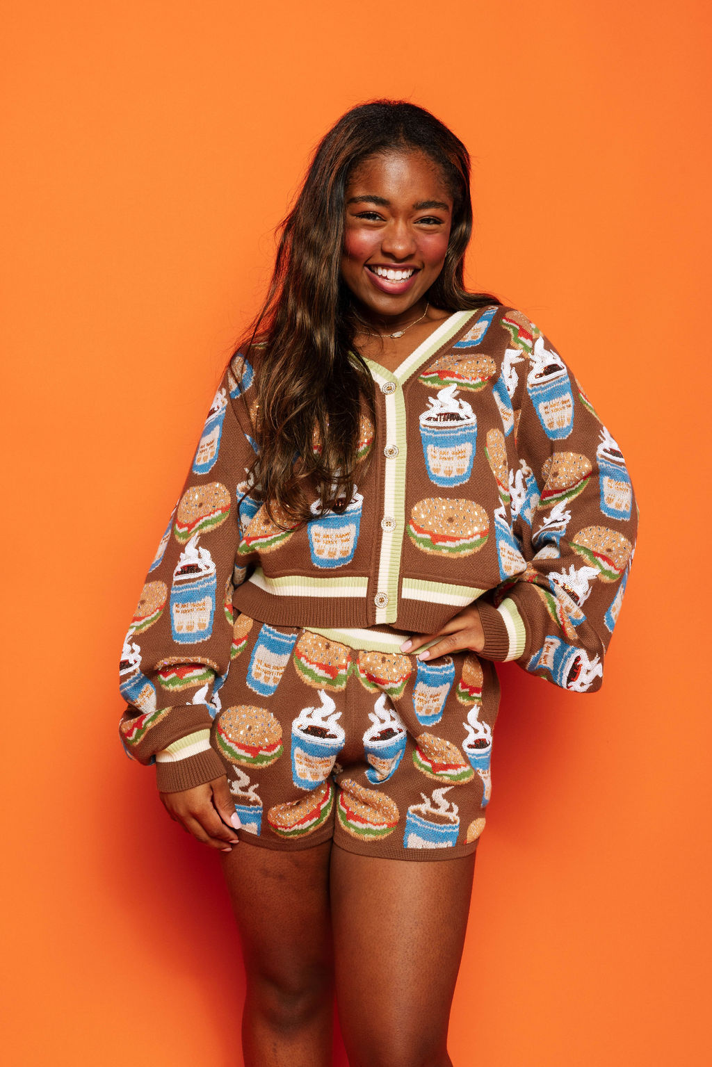 Queen of Sparkles Brown Coffee & Bagel Sweater Short