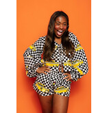 Queen of Sparkles Black & White Checkered Taxi Tie Bubble Sleeve Top