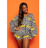 Queen of Sparkles Black & White Checkered Taxi Tie Bubble Sleeve Top