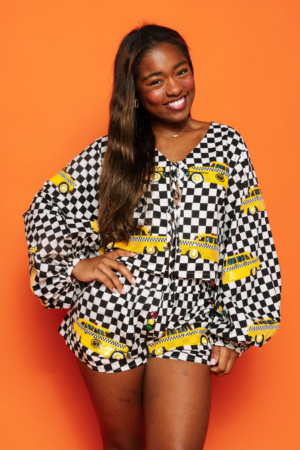 Queen of Sparkles Black & White Checkered Taxi Tie Bubble Sleeve Top