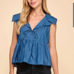 TCEC Denim Collared Wide Peplum Top