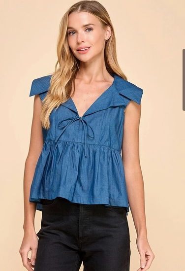 Denim Collared Wide Peplum Top