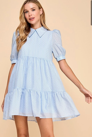 Blue Striped Shirt Dress with Rhinestones