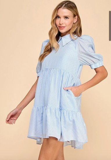 Blue Striped Shirt Dress with Rhinestones