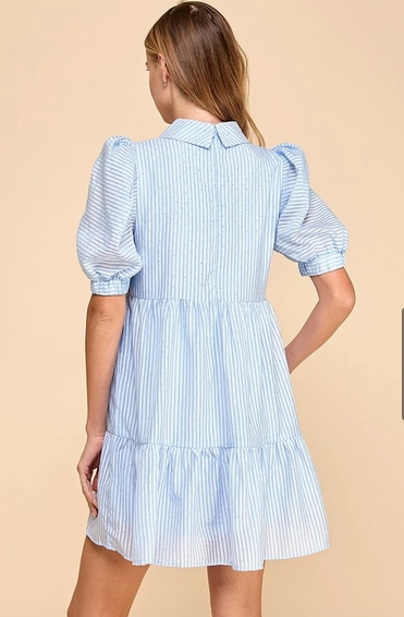 Blue Striped Shirt Dress with Rhinestones