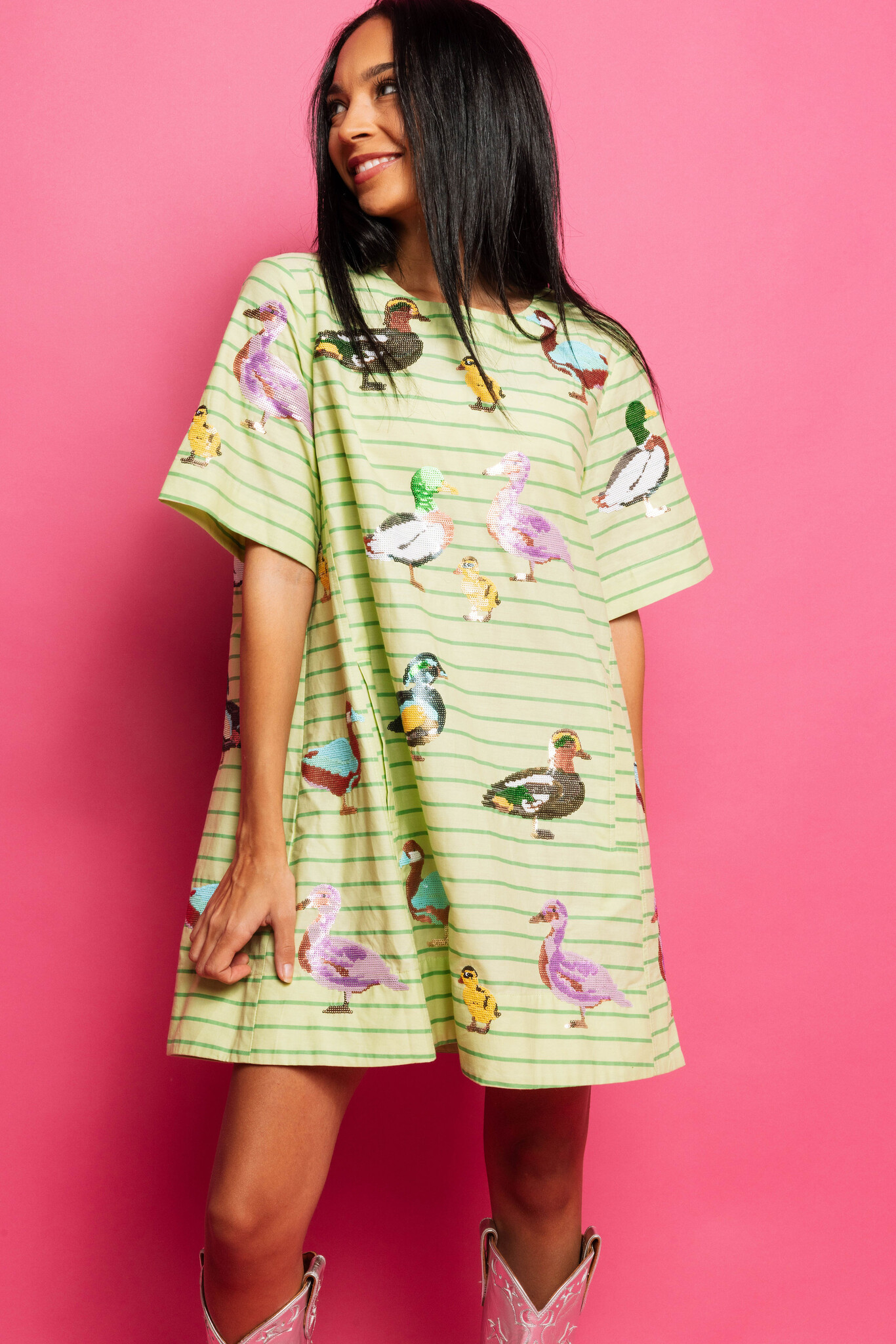 Queen of Sparkles Green Stripe Cotton Duck Dress