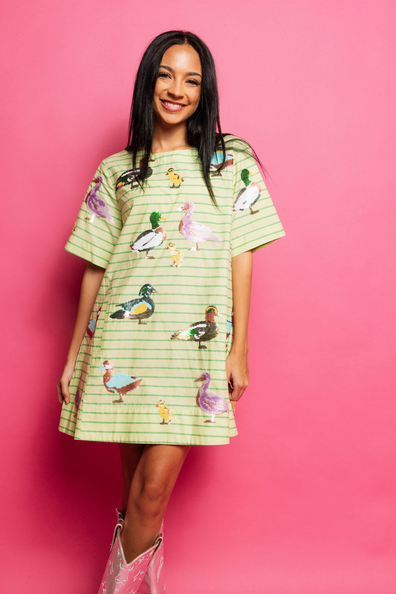 Queen of Sparkles Green Stripe Cotton Duck Dress