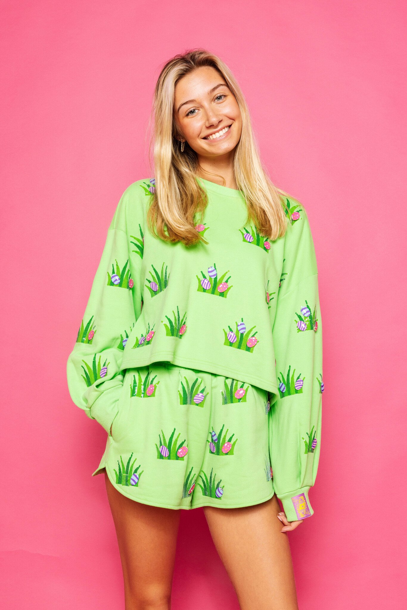 Queen of Sparkles Lime Green Easter Egg In Grass Sweatshirt