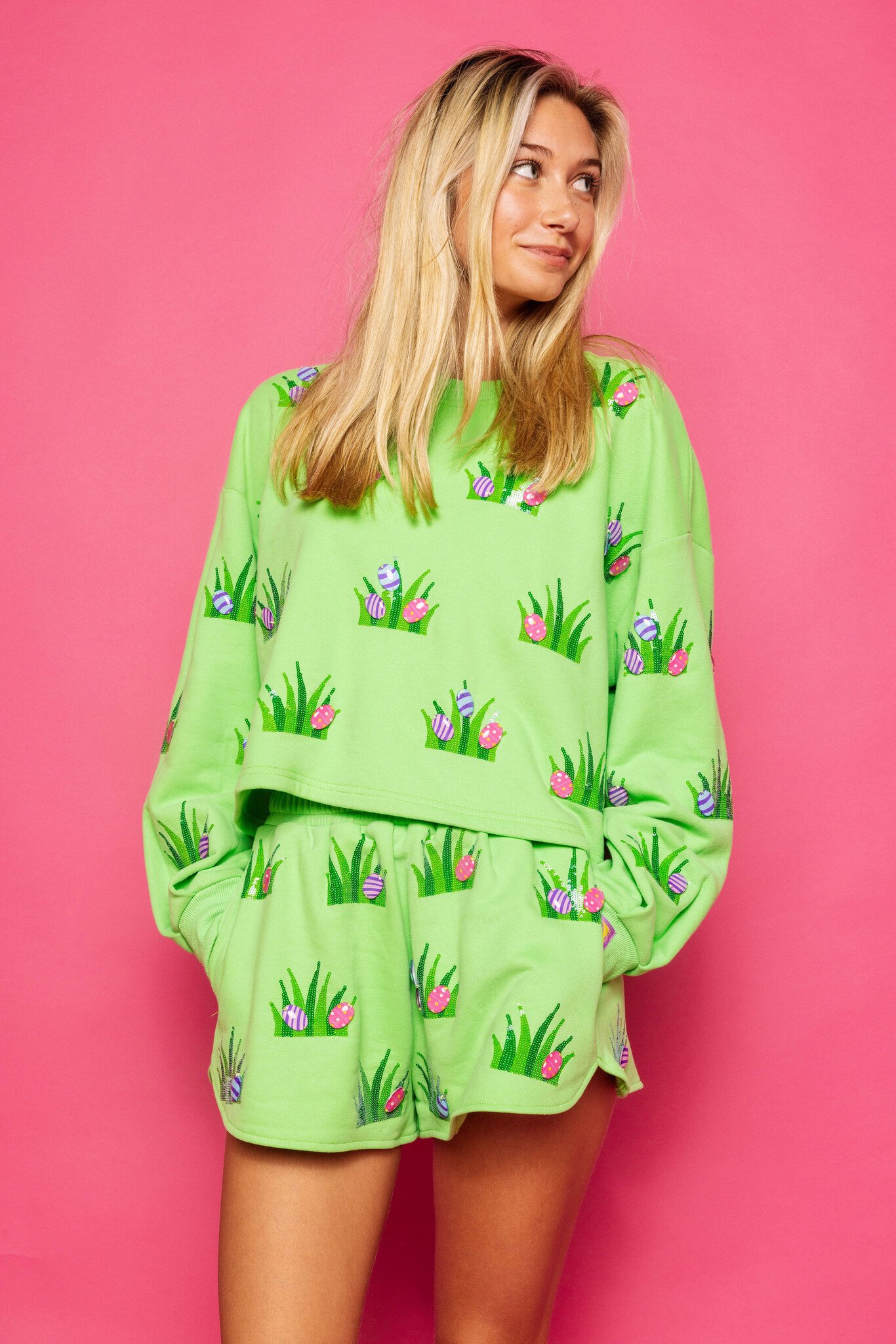 Queen of Sparkles Lime Green Easter Egg In Grass Sweatshirt