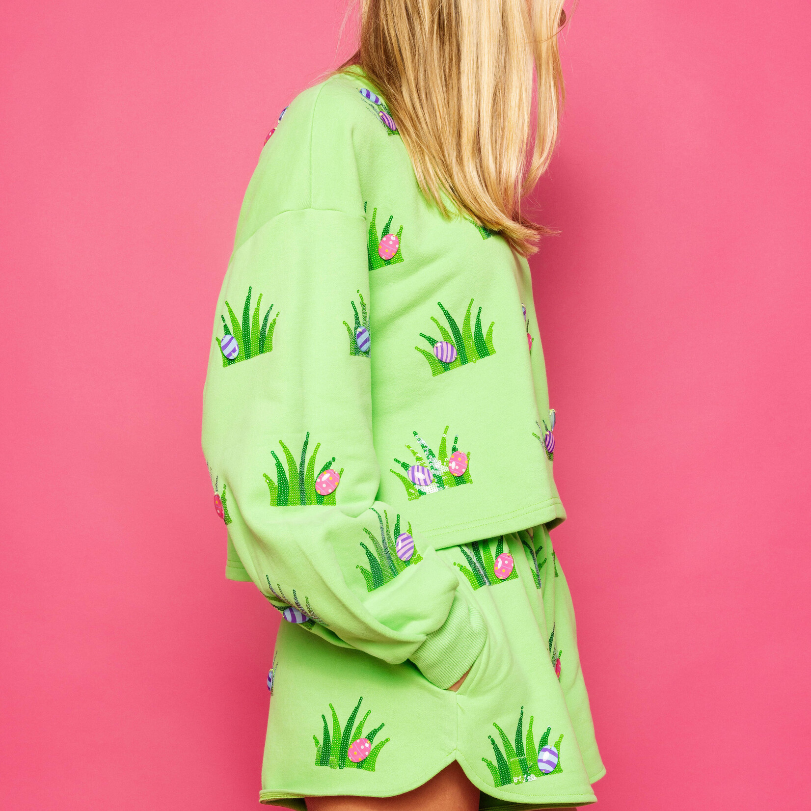 Queen of Sparkles Lime Green Easter Egg In Grass Sweatshirt