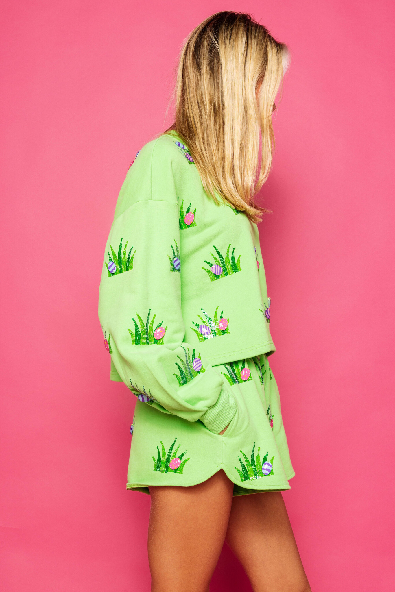 Queen of Sparkles Lime Green Easter Egg In Grass Sweatshirt
