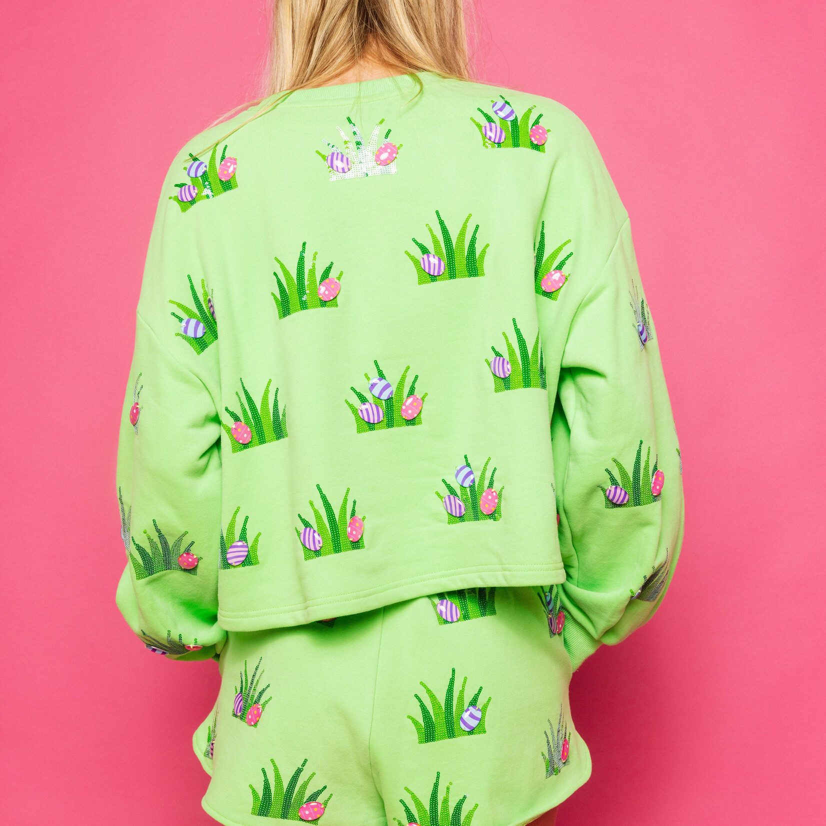 Queen of Sparkles Lime Green Easter Egg In Grass Sweatshirt